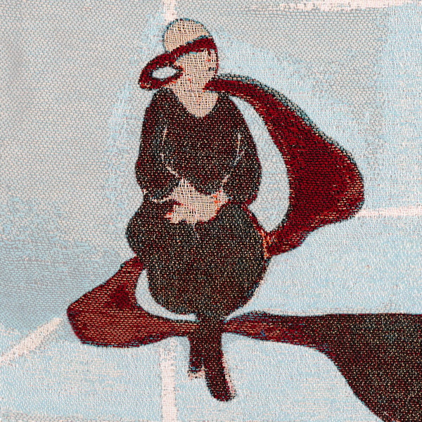 Zoomed section of the Eyes Forced Shut tapestry panel which highlights the seated figure in the top-left corner of the artwork.