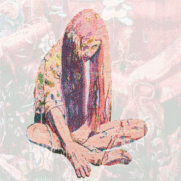 Zoomed section of the Little Comfort tapestry panel which highlights a girl with bare feet and long hair, sitting on the ground