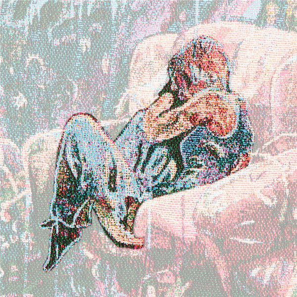 Zoomed section of the Little Comfort tapestry panel which highlights a sleeping figured curled up in an armchair