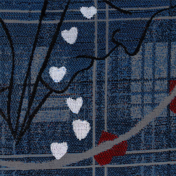 Zoomed section of the Broken Hearts tapestry panel which highlights small hearts, falling like tears