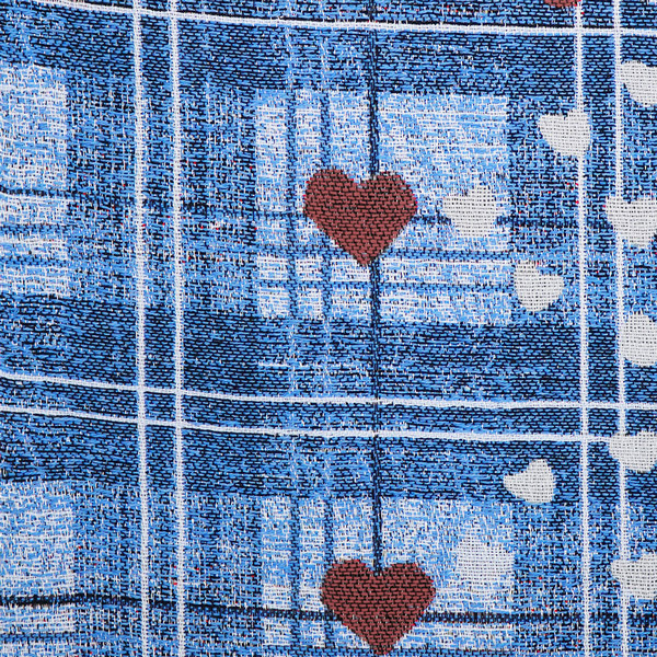 Zoomed section of the Broken Hearts tapestry panel, showing a section of tartan